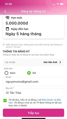 điền thông tin đăng ký ví trả sau momo