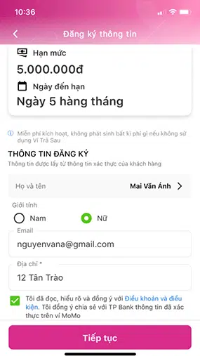 điền thông tin đăng ký ví trả sau momo
